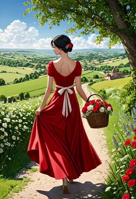 Hyperrealistic photograph of a very beautiful and slender woman with short black hair, neatly tied back. The woman walks facing the camera along a picturesque path in the English countryside, holding a basket of flowers in her right hand. The woman is dres...