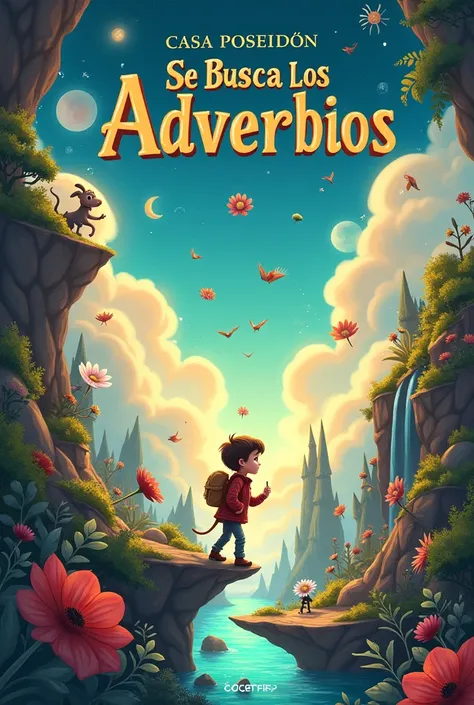 Create a cover for a story in document format called “Se busca los adverbios” with the author Casa Poseidón