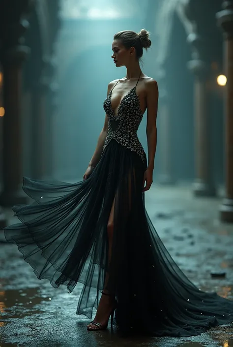 An Award-Winning Masterpiece, (photo realistic) photograph, vogue, Elegant Evening Wear: “A Victoria’s Secret model in a stunning evening gown, adorned with intricate details and flowing fabric. The dress accentuates her silhouette, making her look effortl...