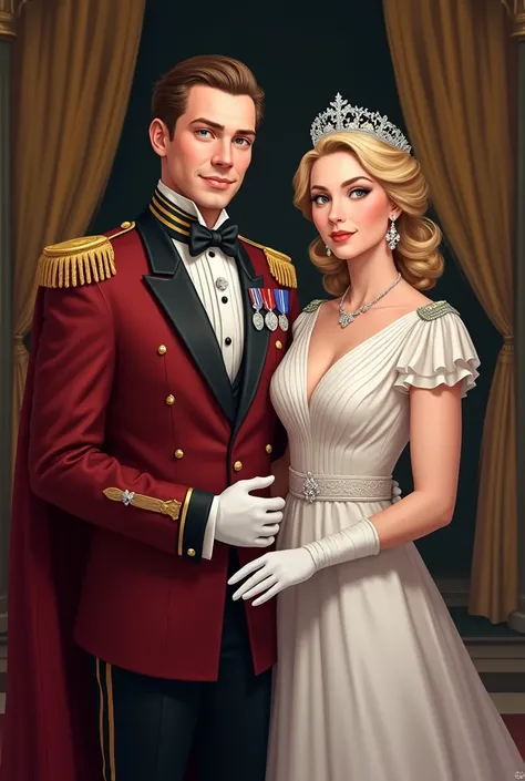 King and queen of 30 years, the brown hair king of elegant hairstyle, wearing a wine-colored tailcoat decorated with military distinctions, white gloves and simple cape, The blonde-haired queen with a semi-updo and a diamond tiara with fleur-de-lis motifs,...