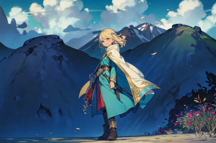 filo, (WithoutFear:1), 1 girl, blonde hair, blue eyes, white coat, light blue jeans, smile, nimble, light blue trident, blue cape, light blue mask, beach, wings, anime, standing, good quality, portrait, looking at viewer