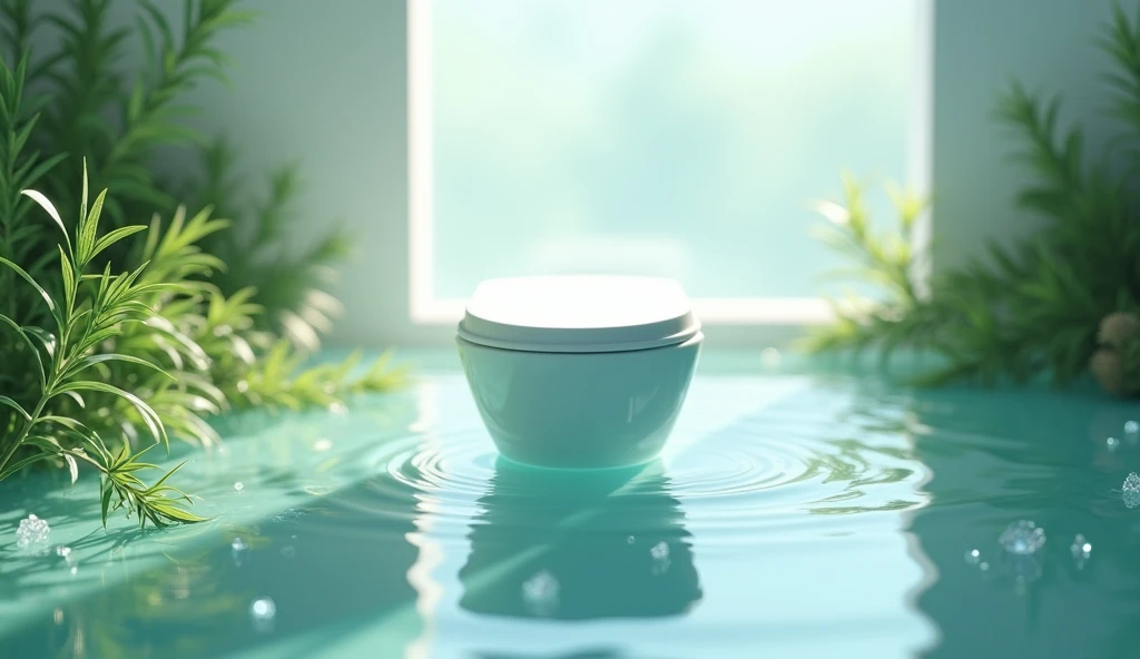 image of bathroom toilet seen from above, with clean, crystal clear water reflecting a soft, gentle light, surrounded by small crystals and green leaves, such as rue or rosemary plants, symbolizing purity and cleanliness. The background can be a soft shade...