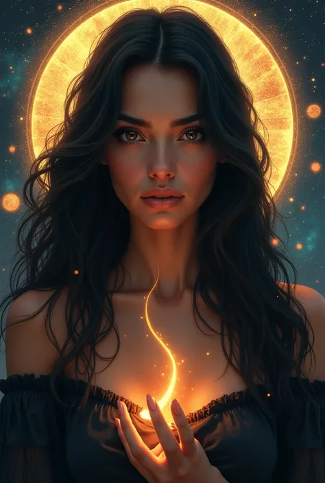 Capricorn zodiac sign representation: (masterpiece), (best quality:1.2), absurdres, intricate details, (highly detailed:1.2), dramatic lighting, 1 girl, adult woman, deep brown eyes, long, straight black hair, (style-swirlmagic:0.7), portrait, solo, upper ...