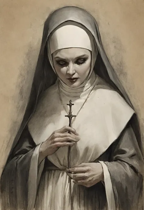 a nun demonic figure holding a penis putting inside vagina, graphite technique on old paper style, deep brush shadows, professio...