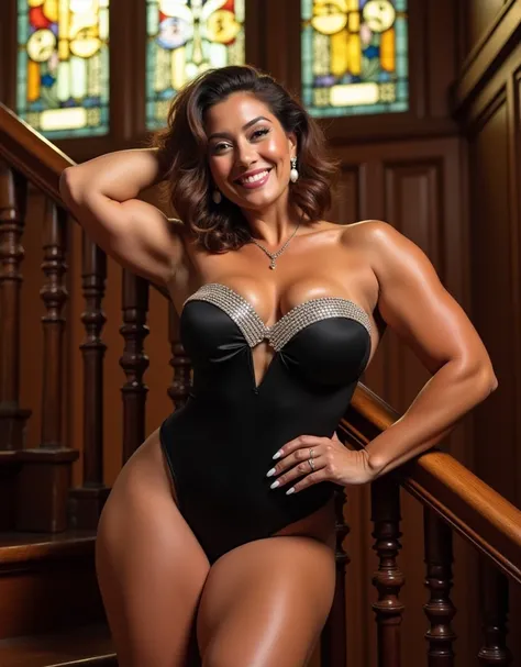 Cory Everson is a female bodybuilder, ((big breasts:2.5)), ((muscular:2.5), in a high-cut strapless black satin swimsuit with rhinestones sitting on a staircase railing with her leg raised, short wavy brown hair, clear skin, pearl earrings, smile, pink lip...