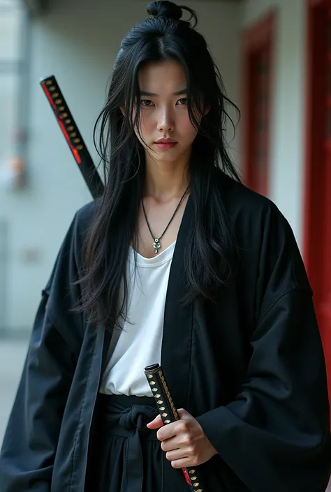 korean man, Very beauthful, cabelos longos e negros, samurai case, divine beauty, Beautiful Mouth, skin fair, Cool eyes, cyber samurai, cyberpunk, 4K, realisitic, holding a sheathed katana, Dark clothes, old black sweater over a white tank top.