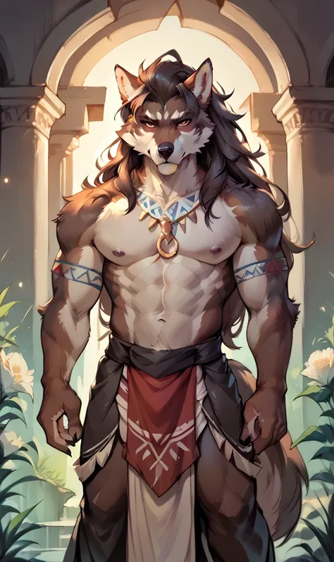 anthropomorphic, (wolf), male, beautiful, attractive, tribal clothing, shapely body, fur, large, sensual, attentive eyes, (serio...