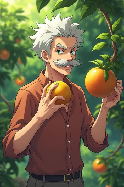 1 skinny 60 year old man with mustache picking passion fruit in anime 