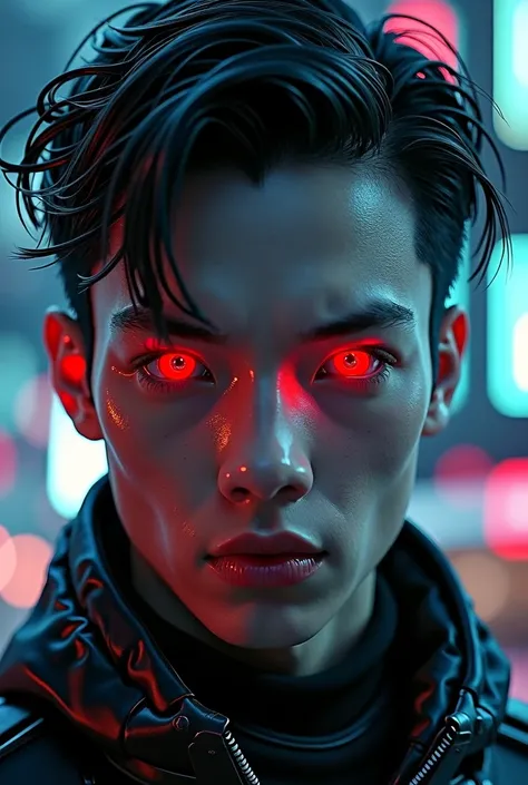 a young man, red eyes, cyberpunk features, cyberpunk environment, focus on face, front view, ultra-realistic, intricate details, cinematic lighting, dramatic shadows, neon city, futuristic architecture, advanced technology, digital art, hyper-detailed, hig...