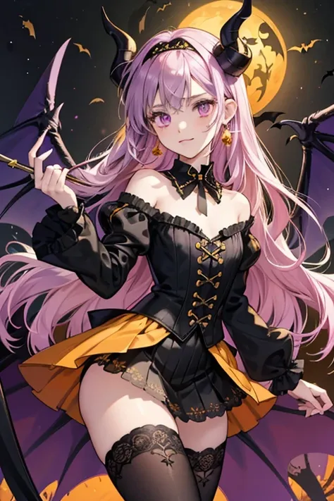 Avaritia has a fair complexion with big hot pink eyes and a teasing expression. She has fluffy, chest-length purple hair worn loose with a slight curl and thick, evenly spread bangs. Her bat wings and tail are black, and she wears pink nail polish. Hallowe...