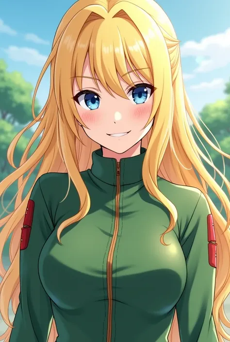 A Japanese woman from the anime Naruto, blonde, long hair, blue eyes, green clothes like Ino Yamanaka, with bangs, hair like Kushina Uzumaki, with a happy expression. 