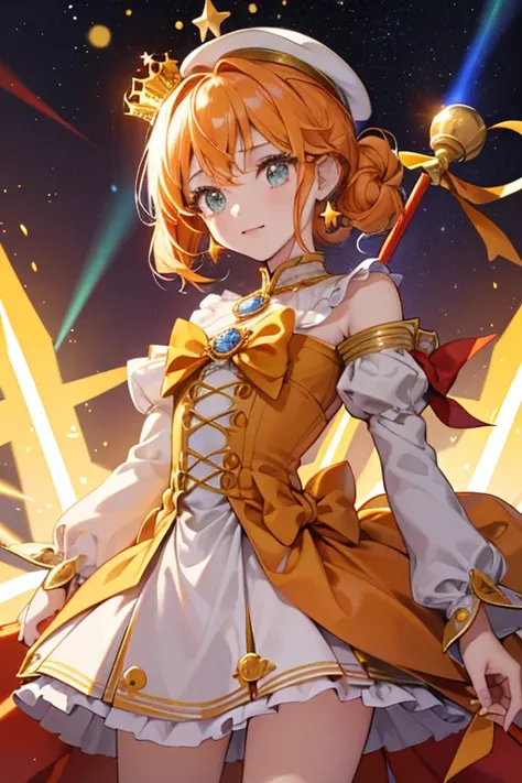 a girl, Amitie Star Crown
A gold crown with an orange gem on each corner.

Amitie Star Earrings
Gold dangles with a tiny crown resting above a gold star.

Amitie Star Mallet
A dark yellow and orange striped hammer with a gold band in the middle that has se...