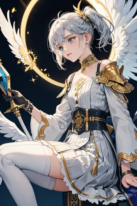 Prid has a light complexion with cerulean eyes and short blonde hair framing her face with a small amount pulled into pigtails. Her bangs have a small corner split. She has a gold halo and pale blue feathered wings. Angelic Tunic
A silver top with folded c...