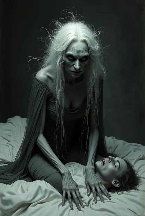 Image of a shadowy creature described as a thin woman, old and scary-looking woman from northeastern folklore sitting on a sleeping person, without the hood showing the white hair, a being resembling a scary creature and less human, appears to be 70 years ...