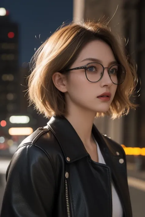 (masterpiece, best quality:1.2), highly, detailed, highres, solo focus,  HD, 8k, new york night, blond woman, leather jacket, photograph, photogenic, blue eyes, aviator glasses, short wavy bob hairstyle, looking at sky, european