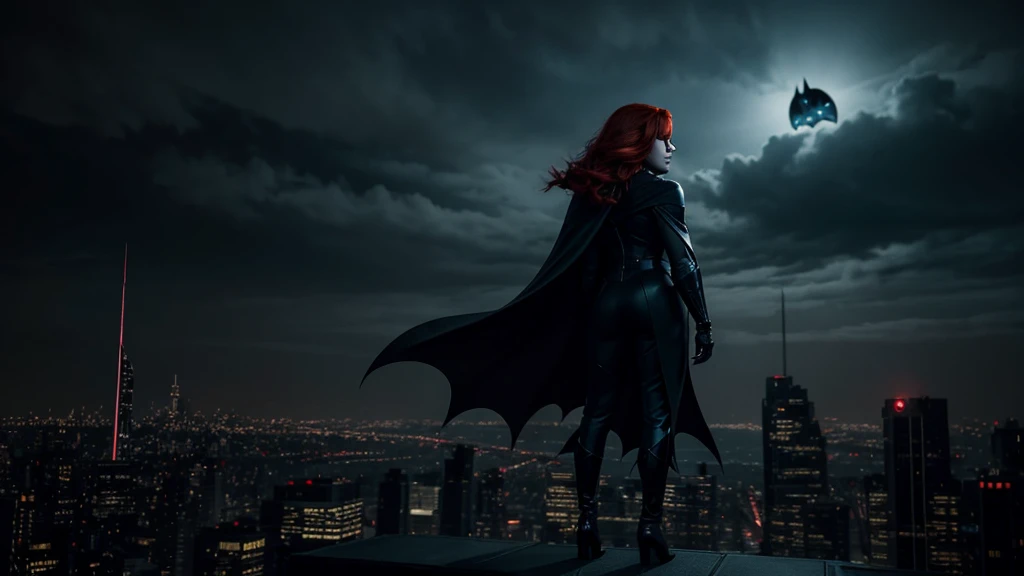 A dark and moody Gotham City night sky with a lone figure of a red hair woman in a sleek black bat-inspired costume, her eyes glowing with a fierce determination as she stands atop a Gotham City skyscraper, the Bat-Signal shining brightly in the distance, ...