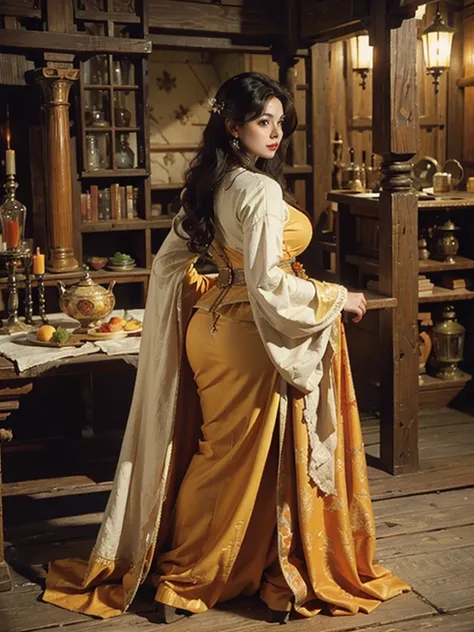 Voluptuous milf with wide hips, view from behind, Short orange long-sleeved dress and long hair that reaches her waist, set in medieval times.