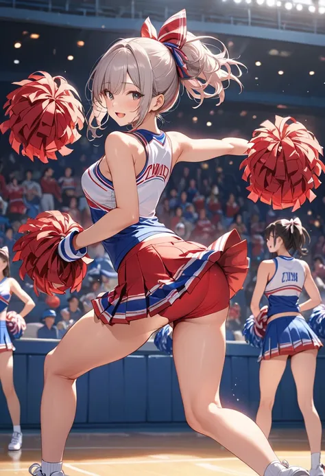 (masterpiece, best quality:1.2), 1girl, full body,from behind,cheerleaders,(pom-pom in both hands:1.3),standing one leg,(raise o...