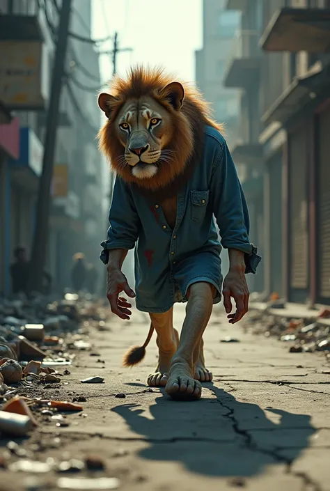 skinny, sick lion walking sadly down the street in a blue shirt covered in blood  

