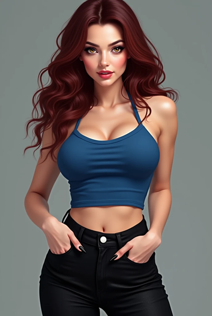 Woman with a European face, delicate face, glossy lips, with a smile, blue crop top, black straight cut jean pants, voluptuous body, with a liquor in hand, long nails, long eyelashes, cute eyes, amber eyes, pointed face chin, burgundy hair, delicate face, ...