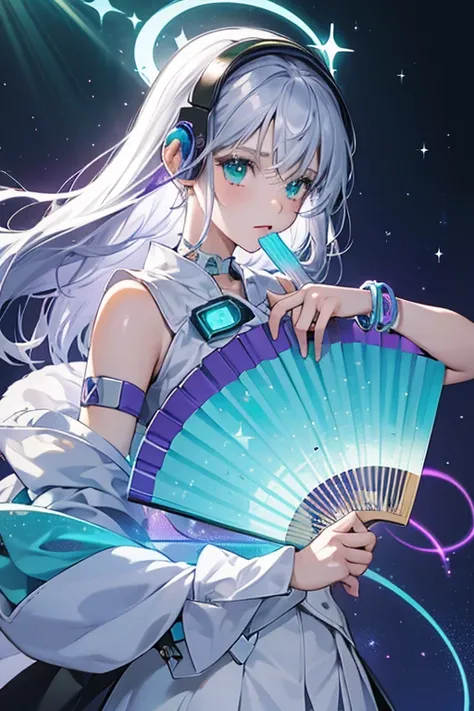 a girl,  White headphones with purple detail and ear-pads. On each ear is the Sci-Fi Girl logo.

Blue Clear Bangle
A split bangle, one half blue the other silver.

Laser Beam Fan
A silver and white hand fan with green detail. The fan portion is made from e...