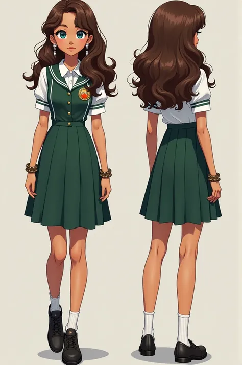 Create a super well-made character of a high school girl with light brown skin, stylish glasses, 1.75 tall, thin body, stylish uniform with green details, blue eyes with large white eyelashes, wavy hair, where the roots are smoother and the ends with more ...