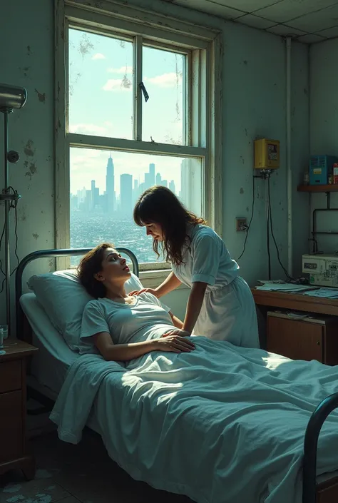 an image of a nurse being cared for by a patient in a poor hospital with a window showing a wealthy city
