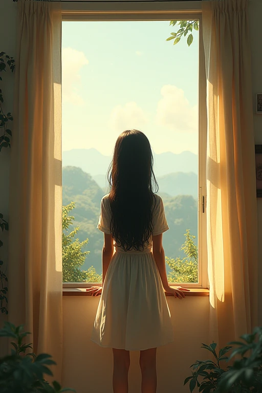 solo, One girl, Long Hair, Back view,natural,Looking out the window from inside the room,Bright