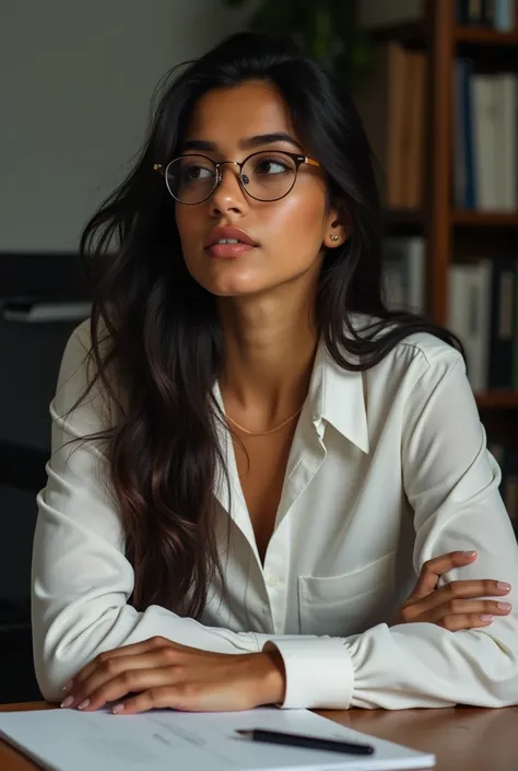 A Brazilian woman, wearing a dress shirt, black hair, eyes browns, introvert, working, with glasses