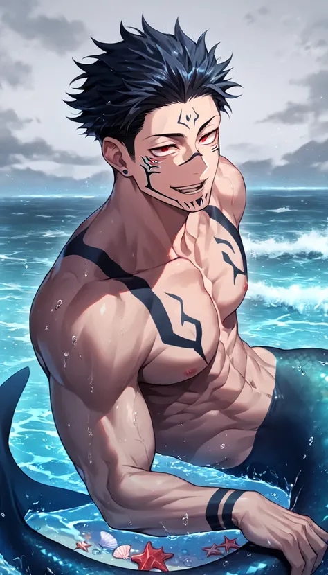 absurdres, highres, ultra detailed, HDR, master piece, Ryoumen Sukuna, black hair, expressive red eyes, without shirt, Jujutsu Kaisen, toned chest, bare chest, sexy merman, handsome, best quality, sea, fantasy, magical, solo, water, sensual, horny, ocean, ...