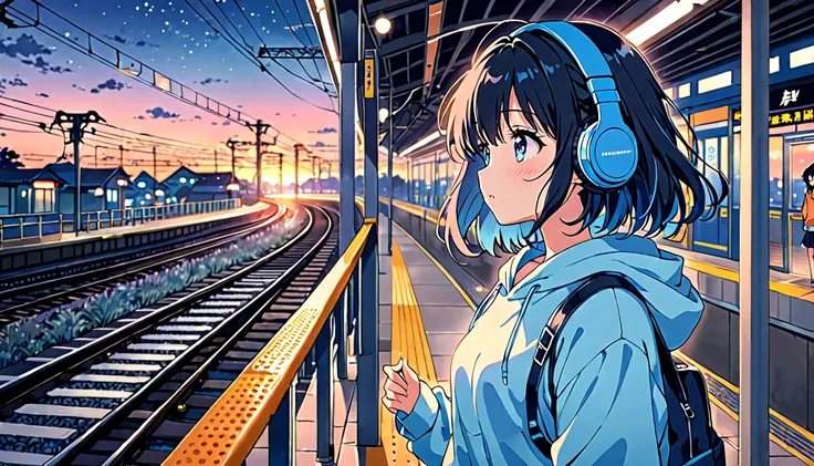 At the station platform at dusk、A young girl with short black hair and an adult vibe wearing blue headphones、Looking up at the night sky while waiting for the train。She is wearing a hoodie、A slight breeze is blowing and my hair is fluttering。In the backgro...