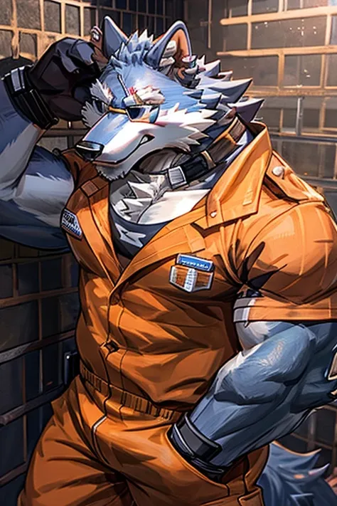 detailed, detailed eyes, detailed face, detailed hands, adult male, solo, freddy wolf, prison, prisoner, orange jumpsuit, simple jumpsuit,