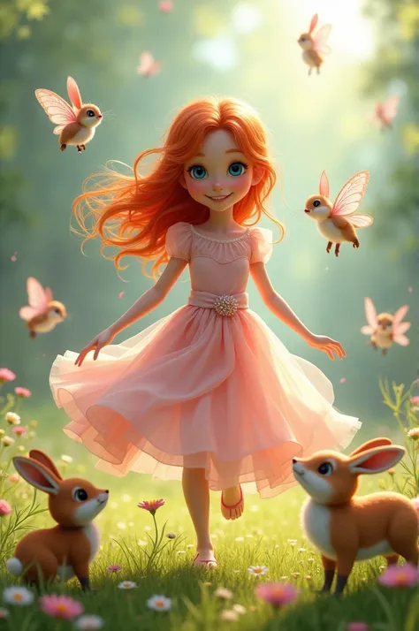 Create animation of a red-haired girl with blue eyes in a light pink dress playing with animals and fairies in a field