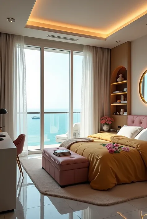 Bedroom in a high-rise apartment, light brown walls, corner window with glass on both sides, transparent white lace curtains, comfortable box-spring bed with burnt yellow duvet with rose print, white marble floor, chest at the foot of the bed with a fluffy...