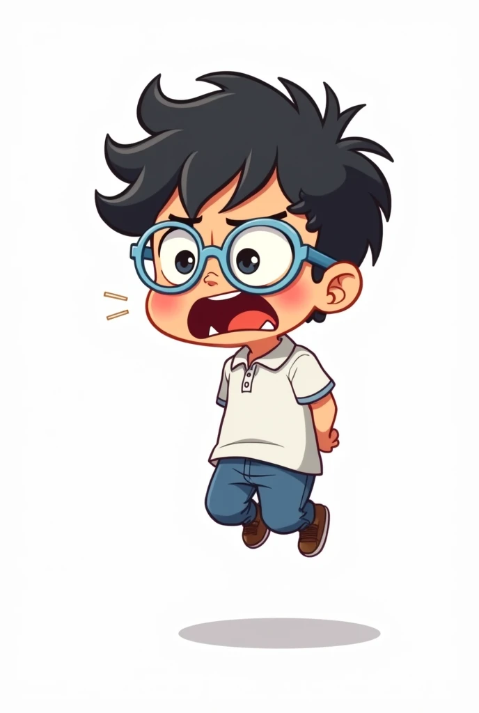 With white background A boy with light blue glasses with a bit of black,black wavy hair, wearing a white polo shirt with white sleeves, angry, screaming with his arms behind his back and jumping, looking to the left, chibi style 