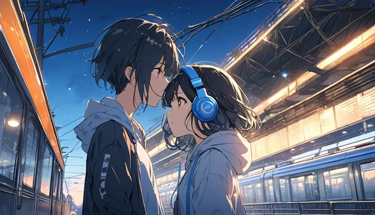 At the station platform at dusk、A young girl with short black hair and an adult vibe wearing blue headphones、Looking up at the night sky while waiting for the train。She is wearing a hoodie、A slight breeze is blowing and my hair is fluttering。In the backgro...