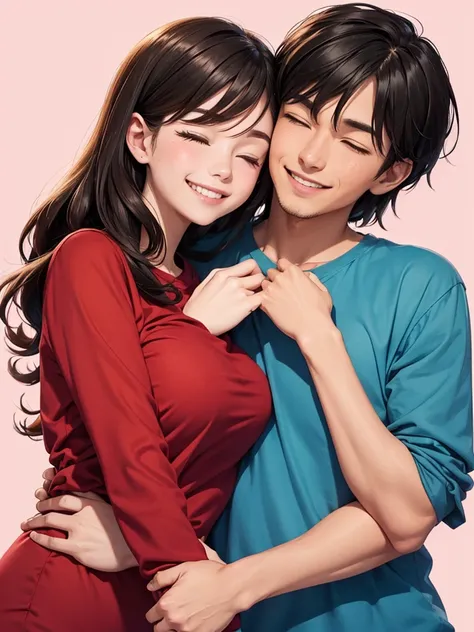 The image is an illustration of two people embracing each other warmly. The person on the right is wearing a blue long-sleeve shirt, and the person on the left is wearing a red shirt. The person on the left appears to be content and smiling with their eyes...