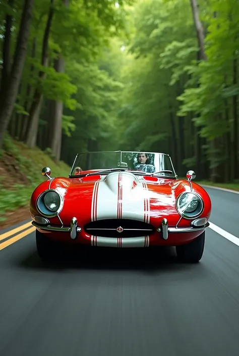 An image of a white and red and white stripes sports car driving on a road, jaguar e - type, classic cars, roadster, 80s red sports car, ( ( ( ( ( Mustang 1964 red car, vehicle photography, automotive photography, sports car, red car, classic car, vintage ...