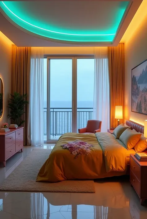 Night Bedroom in a high-rise apartment, light brown walls, corner window with glass on both sides, transparent white lace curtains, comfortable box-spring bed with burnt yellow duvet with rose print, white marble floor, chest at the foot of the bed with a ...