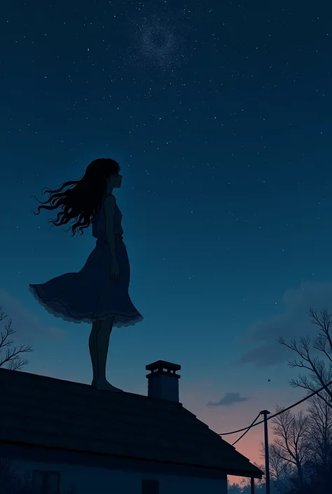 The silhouette of a young woman with wavy hair standing on the roof of a house, looking at the starry sky, your skirt fluttering in the wind. all this from afar