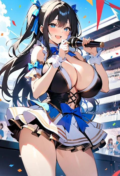 (8k, 4k, best quality, masterpiece), One girl,blue eyes,  smile, Long Hair, two sideups, Black Hair, Huge breasts, (idol costume,Shoulder-exposing sleeves, open-chested, miniskirt, upskirt, ), blue ribbon, hair ribbon, singing, holding mike, Outdoor,Day, (...