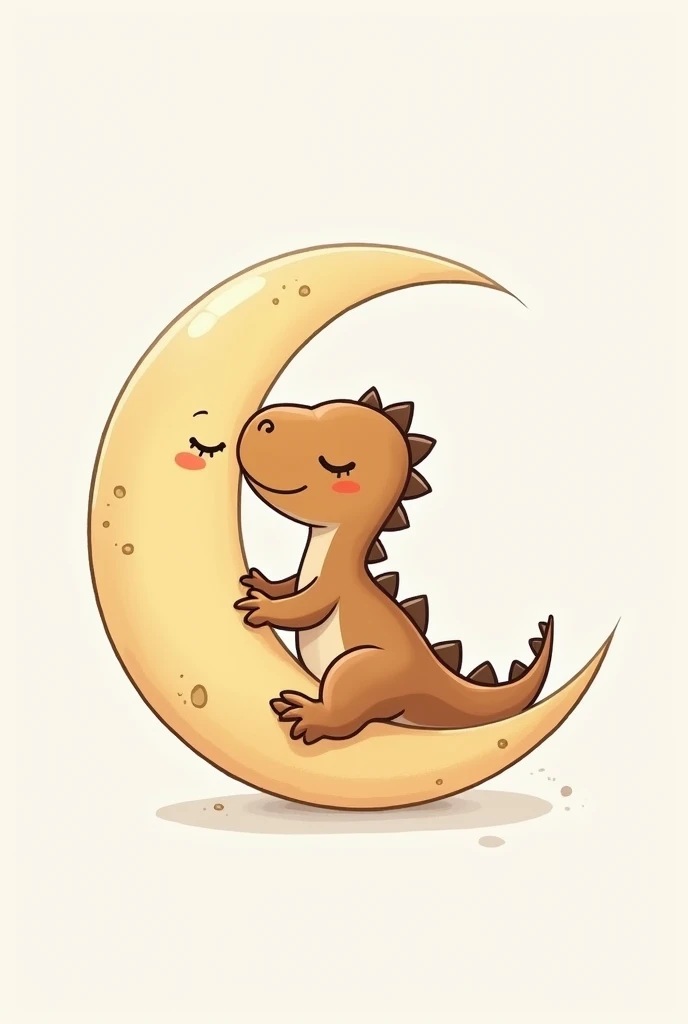 Cute t-rex hugging and sitting in crescent moon, very simple just lines only for tattoo