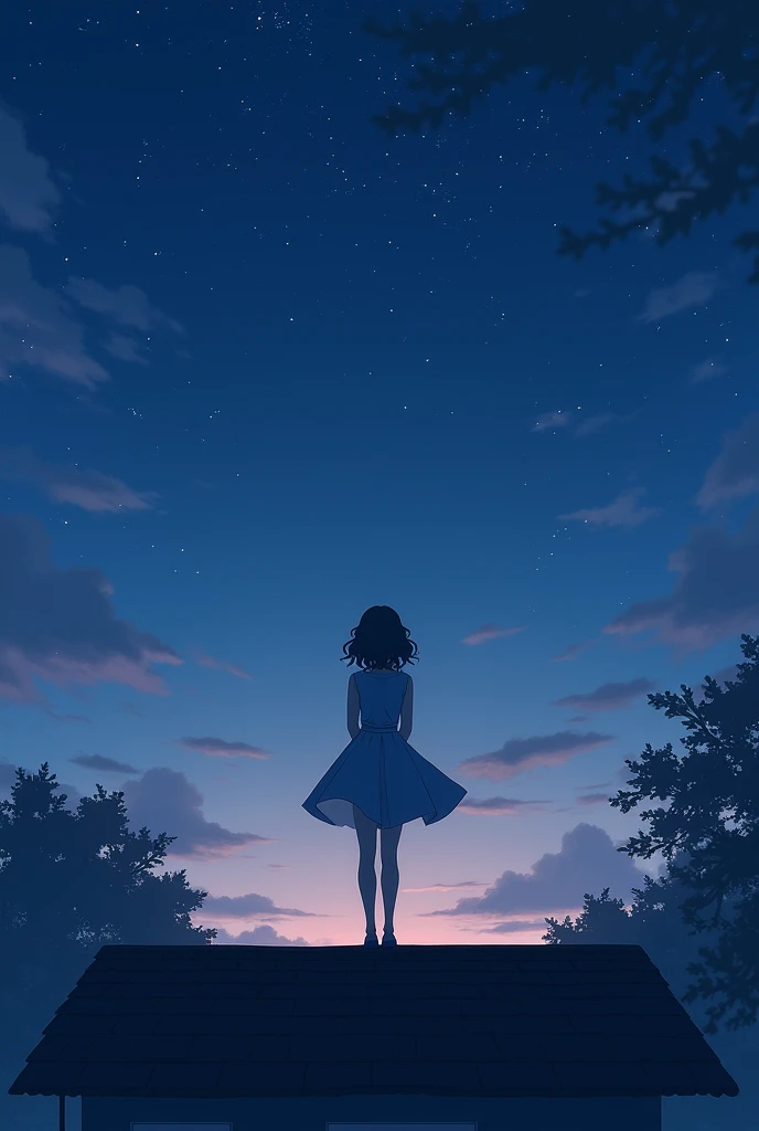 visto ao longe, The silhouette of a young woman with wavy hair standing on the roof of a house, looking at the starry sky, your skirt fluttering in the wind.