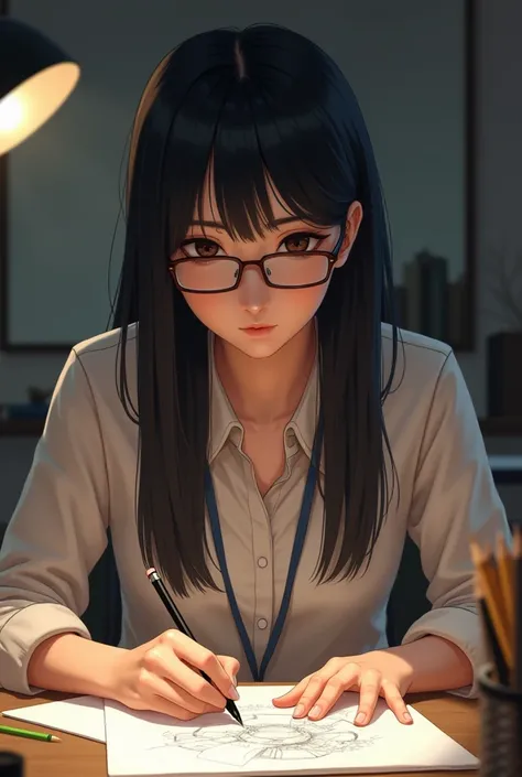 woman drawing, straight black hair, eyes browns, working, with glasses