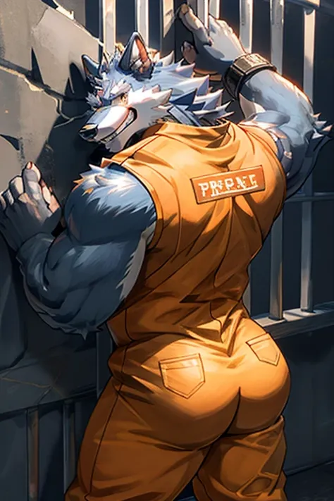 detailed, detailed eyes, detailed face, detailed hands, adult male, solo, freddy wolf, prison, prisoner, orange jumpsuit, simple...