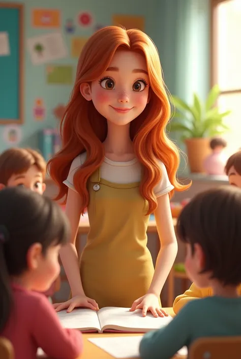 Children&#39;s teacher, with long layered hair and dark copper color, small eyes and few freckles on the face Kindergarten teacher dress 
