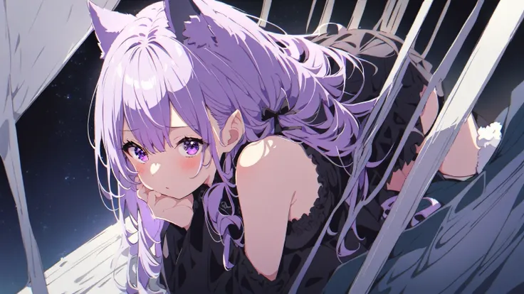 Very long hair、Bright colors、Light purple hair、Wolf ears、Girl、Gothicta Costume、Purple Eyes、Looking up、blush、一人のGirl、