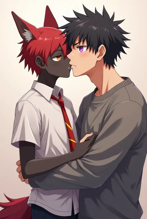 Create an anime image with a 1 boy , Tall and muscular with black hair,Caucasian skin, bright purple eyes with an eye lid on one of them, worn out sweatshirt, tired face,this boy is kissing a boy from , bass guitar, red haired, wolfs ears, red and yellow e...