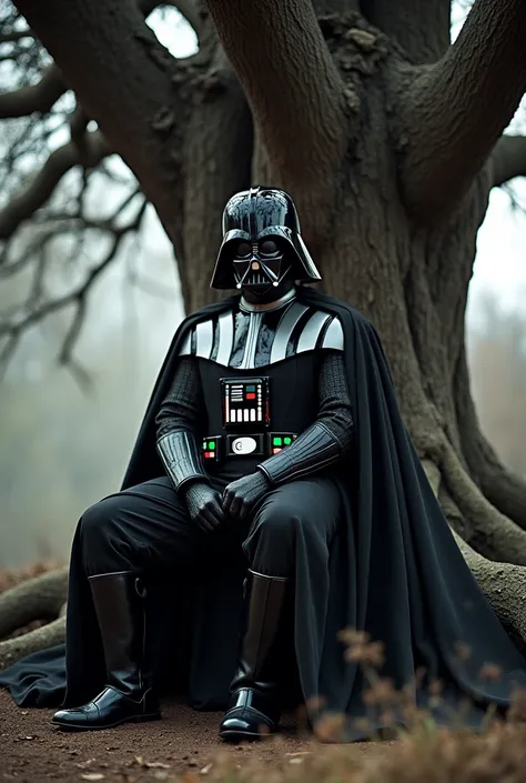 A gritty, award-winning photograph of Darth Vader sitting in a under tree. The image features a strong vignette effect and a grainy texture, cinematic quality. The scene is captured with a Leica M6 camera paired with a Summicron 35mm f/2 lens, known for it...