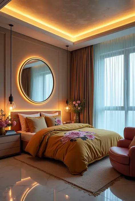 Night Bedroom in a high-rise apartment, light brown walls, corner window with glass on both sides, transparent white lace curtains, comfortable box-spring bed with burnt yellow duvet with rose print, white marble floor, chest at the foot of the bed with a ...